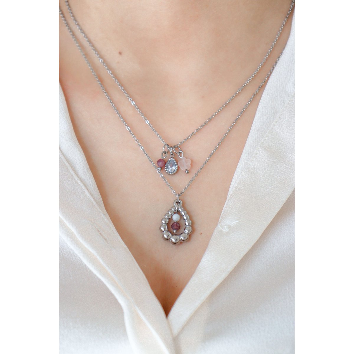 Rose Quartz & Lepidolite Necklace - Silver