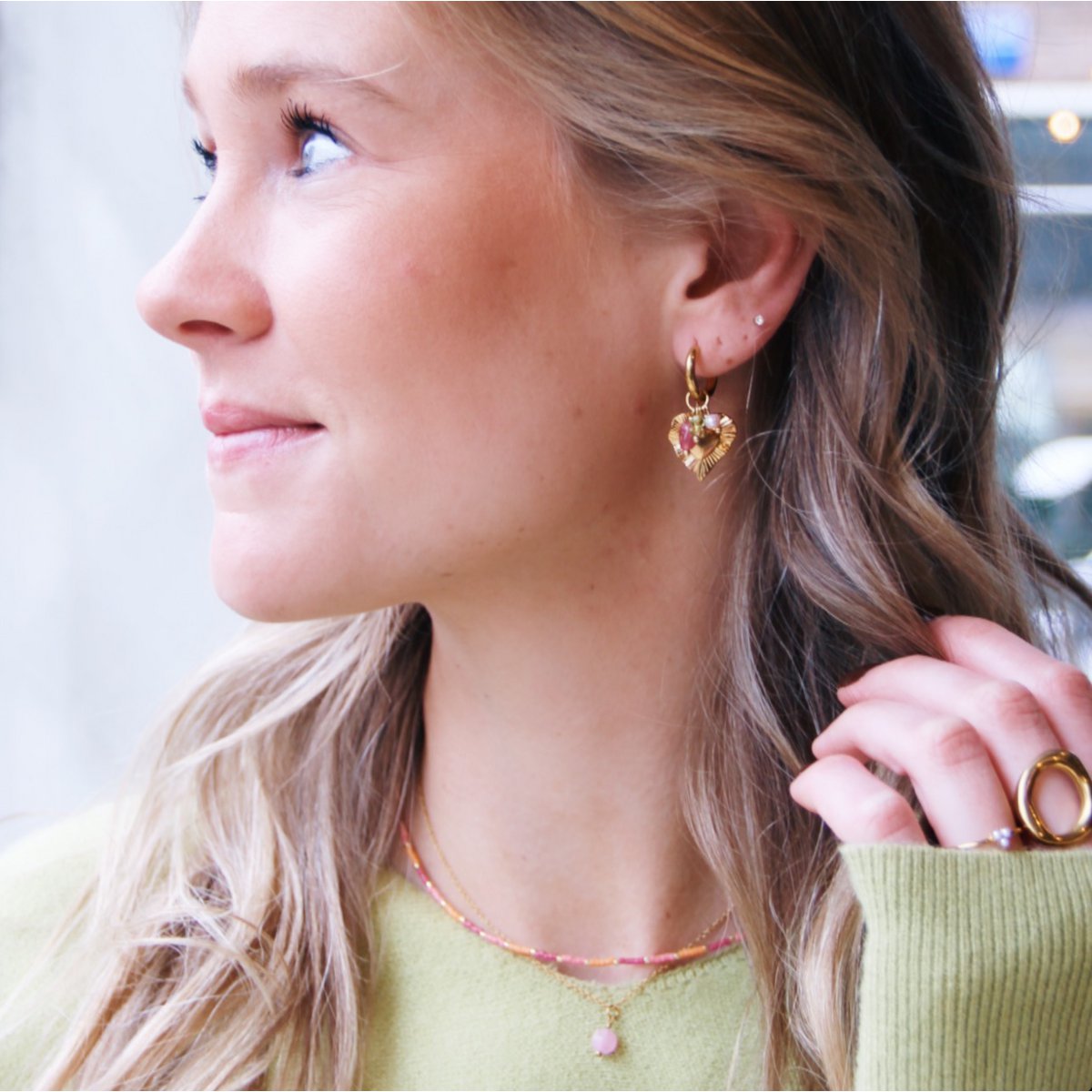 Stainless steel hoop earrings with HEART and colored cluster