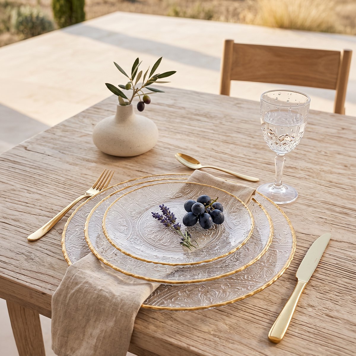 Lace pattern glass presentation plate with gold edge
