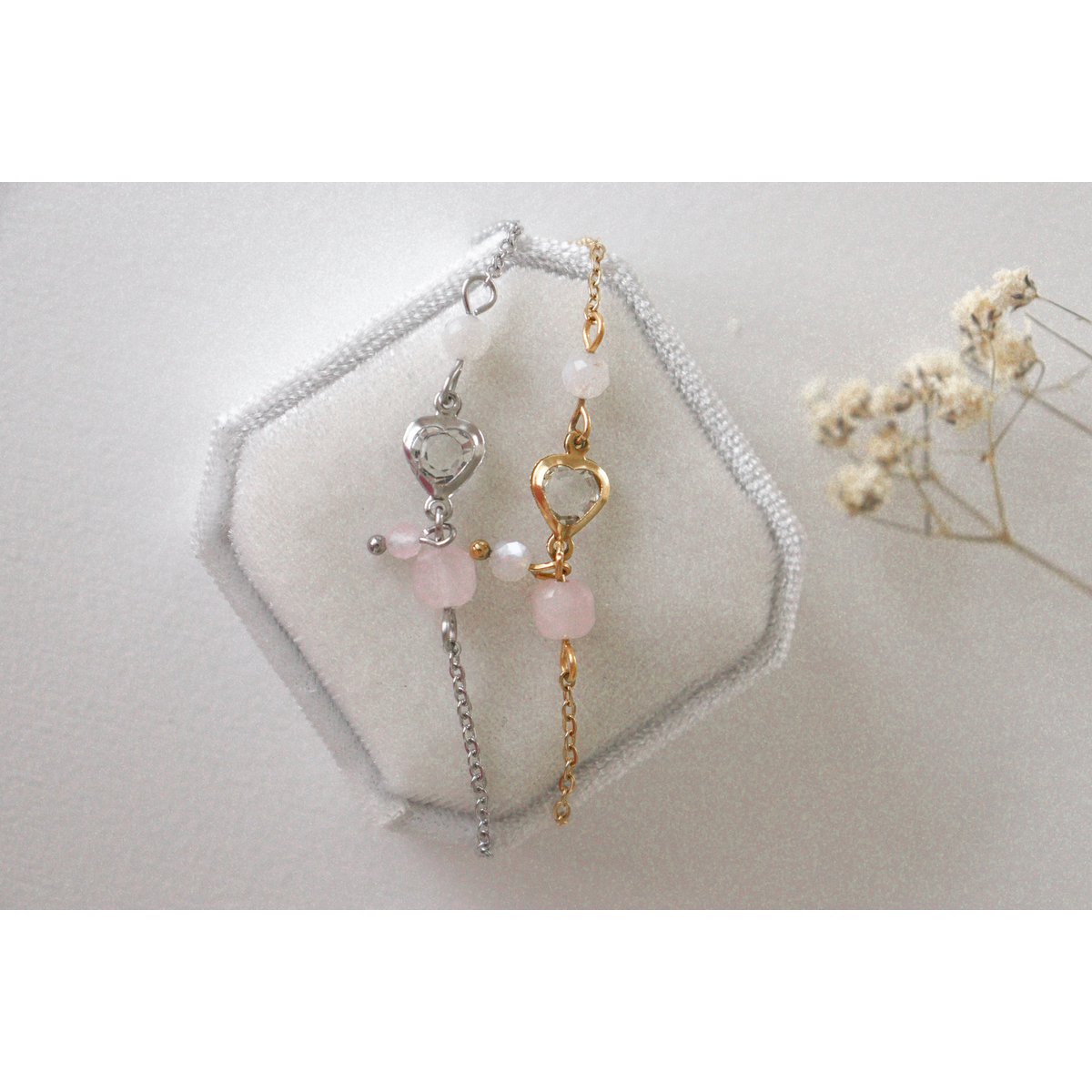 Crystal heart, moonstone and rose quartz bracelet - silver