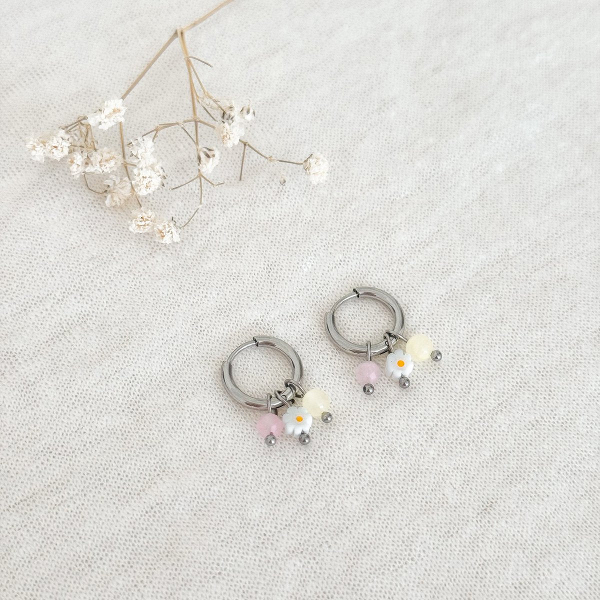 Jade & Bloemetje Oorringen - Silver