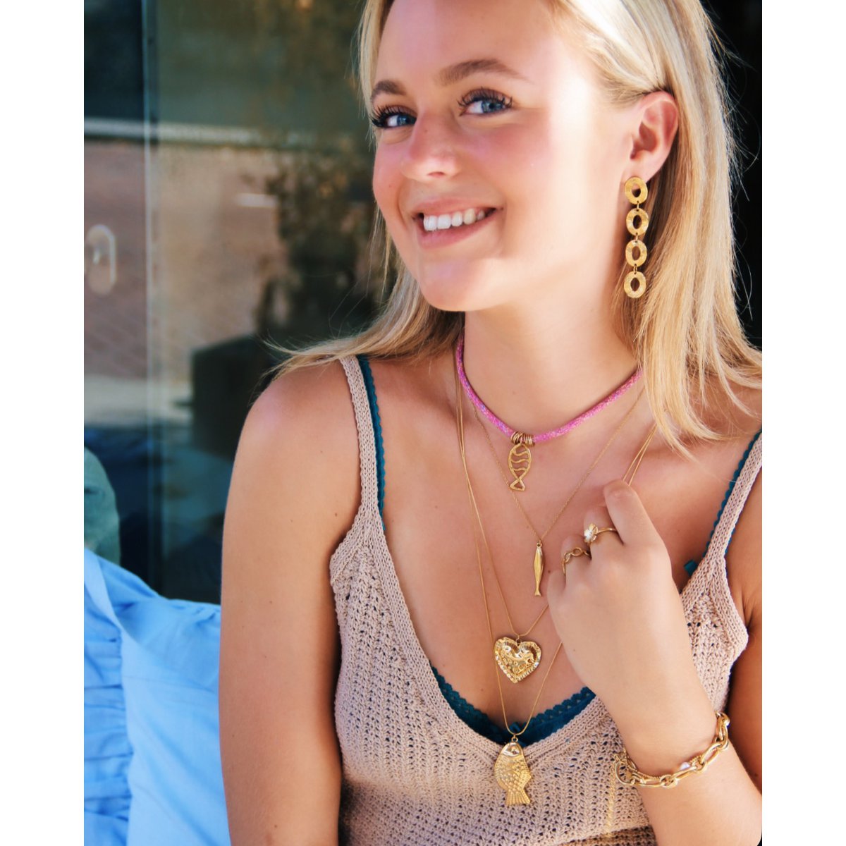 Long delicate snake necklace with fish