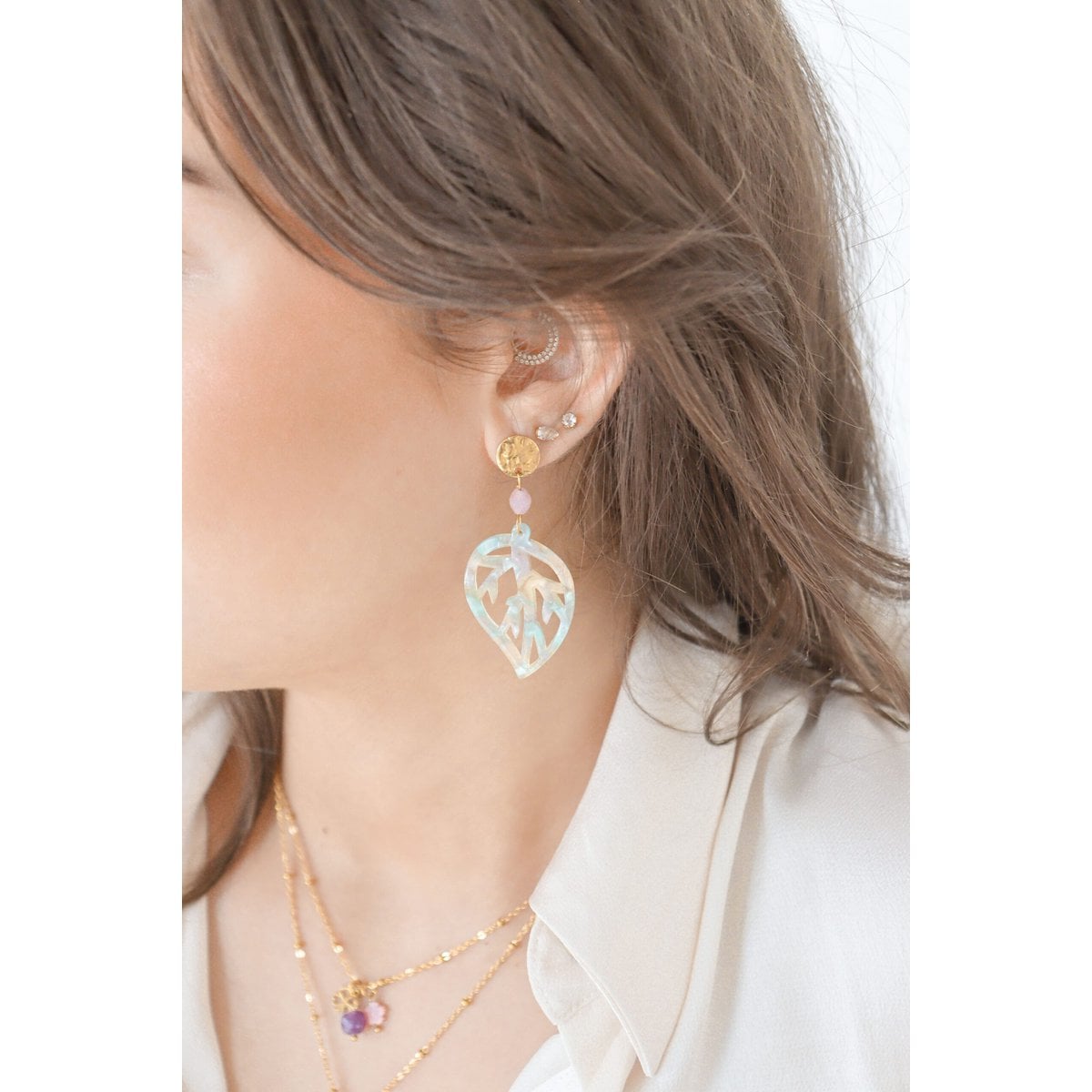 Kunzite Leaf Statement Earrings - Gold