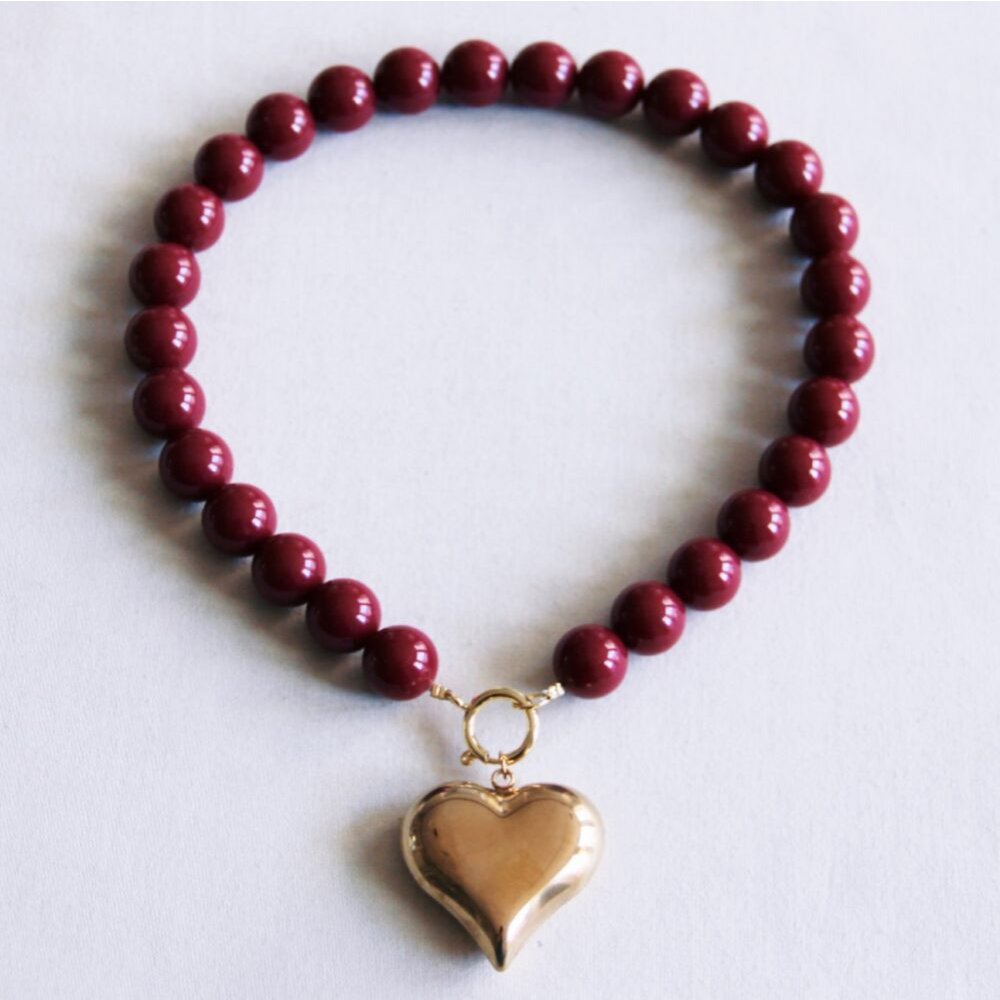 Beaded necklace XXL & heart charm - cerise