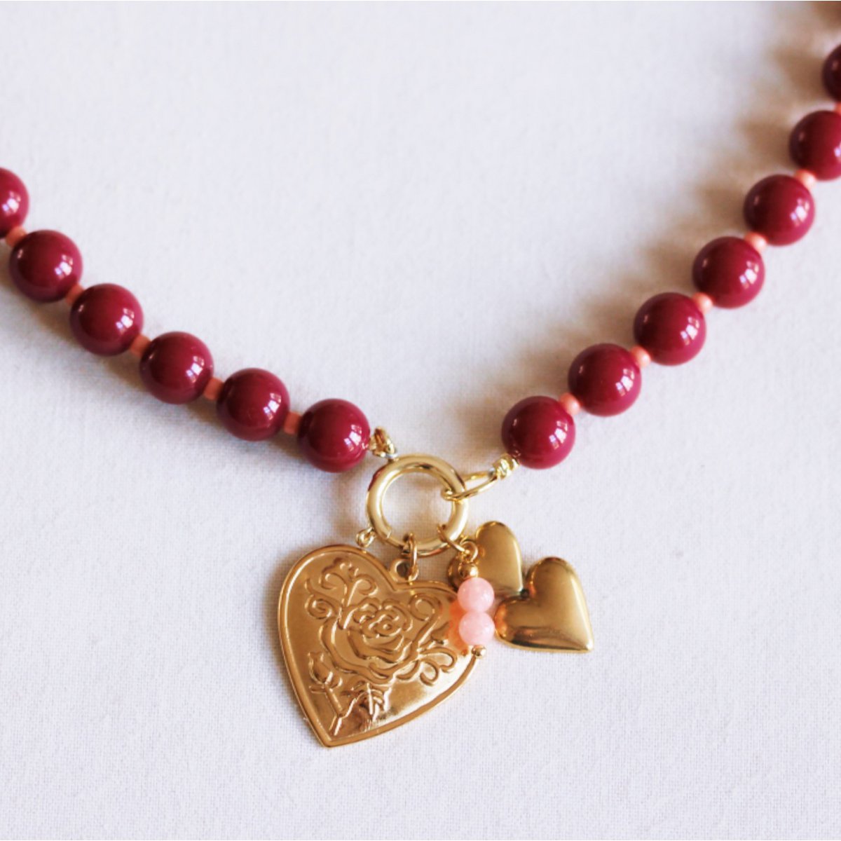 Beaded necklace with Miyuki beads with charms- burgundy/salmon