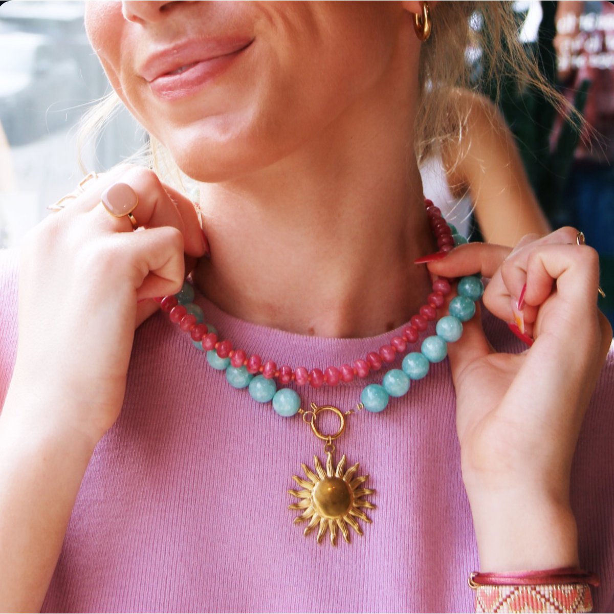 Natural stone bead necklace XL - old green