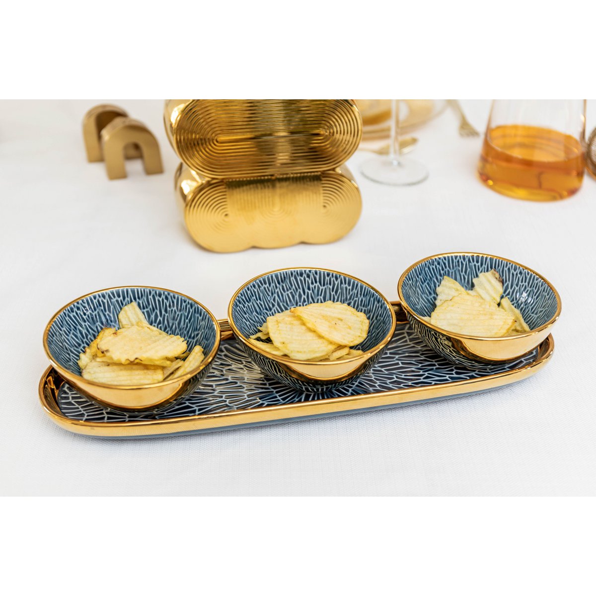 APERITIF SET 3 CUPS ON BLUE AND GOLD TRAY