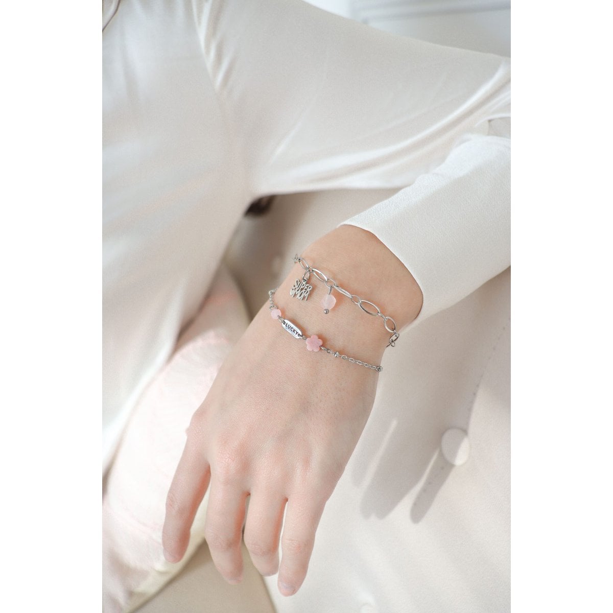 Super Mom & Rose Quartz Bracelet - Silver