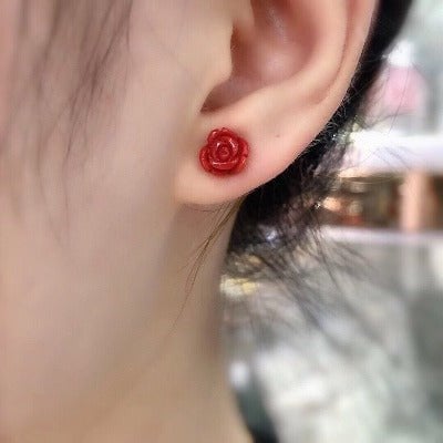 Timeless Red Coral Rose Flower Ear Studs-18K Gold