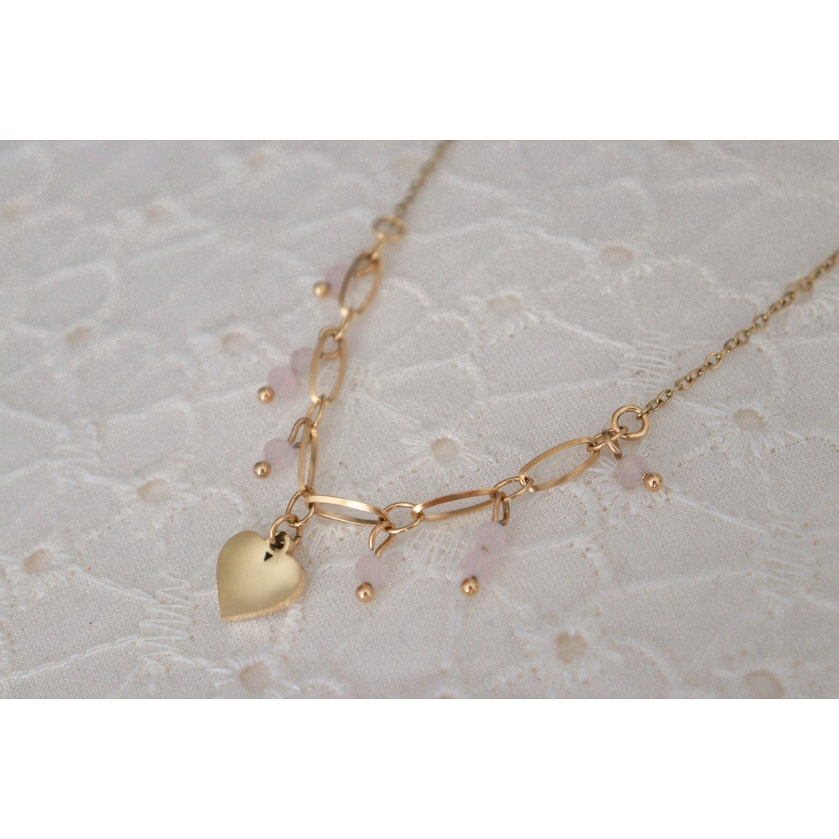 Heart & Rose Quartz Pendant Necklace - Gold