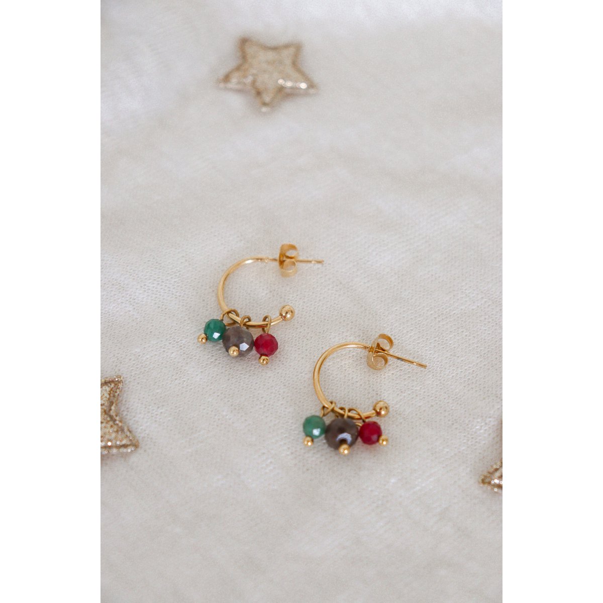 Emerald, Ruby & Labradorite Earrings - Gold