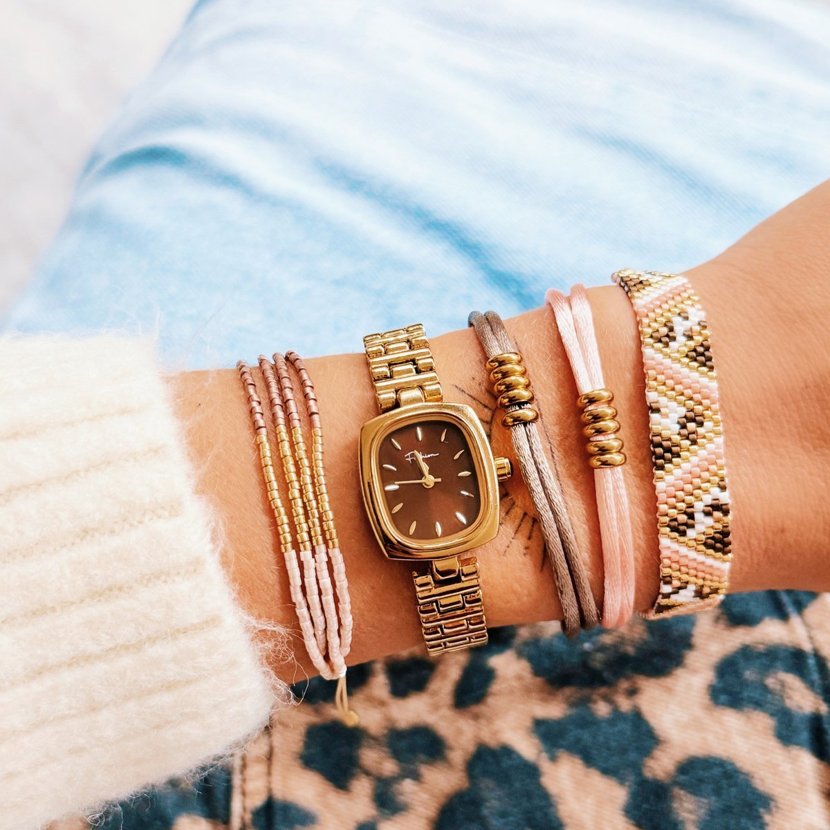 Quadruple miyuki bracelet - bordeaux/lnude/goldplated