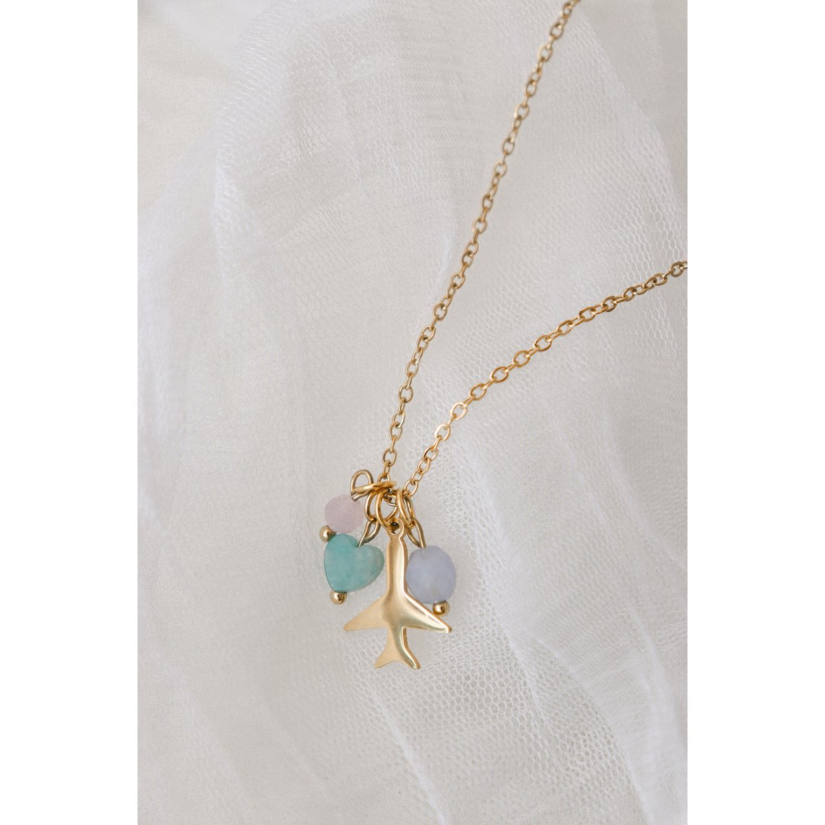 Airplane Necklace Rose Quartz, Amazonite and Aquamarine - Gold