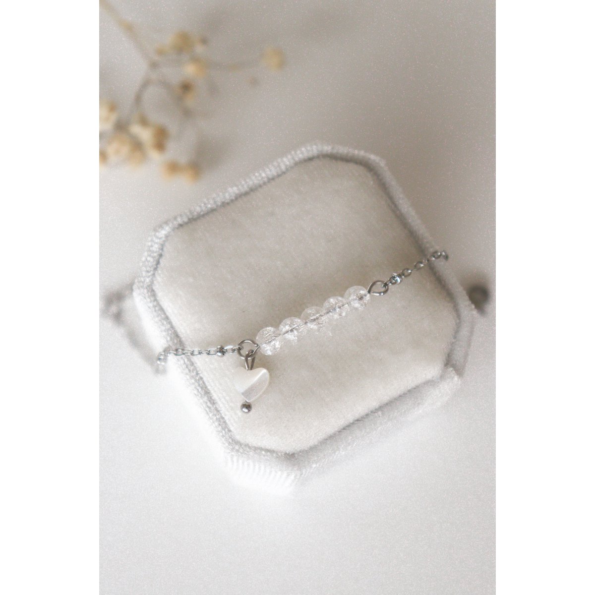 Cracked Rock Crystal & Heart Bracelet - Silver