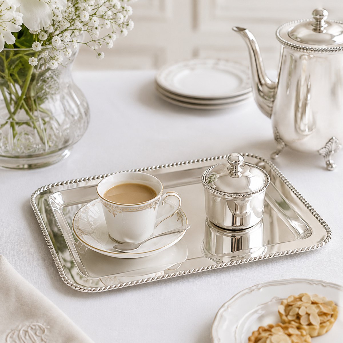 Rectangular silver stainless steel tray with twisted edge