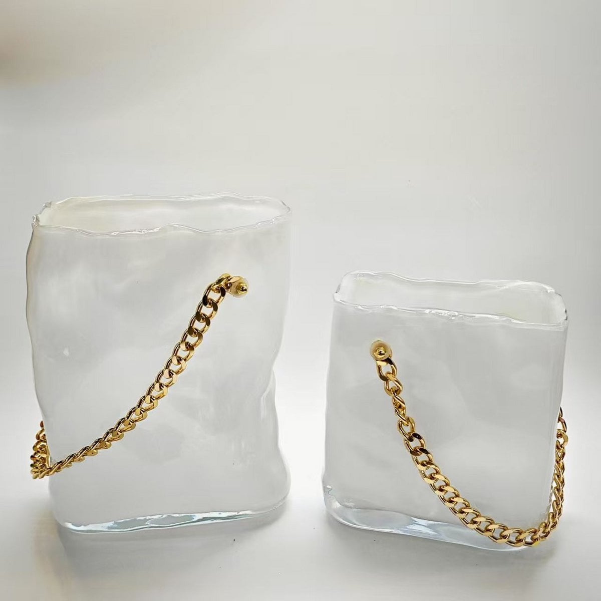 Transparent white glass bag vase with gold handle 20x12x24cm