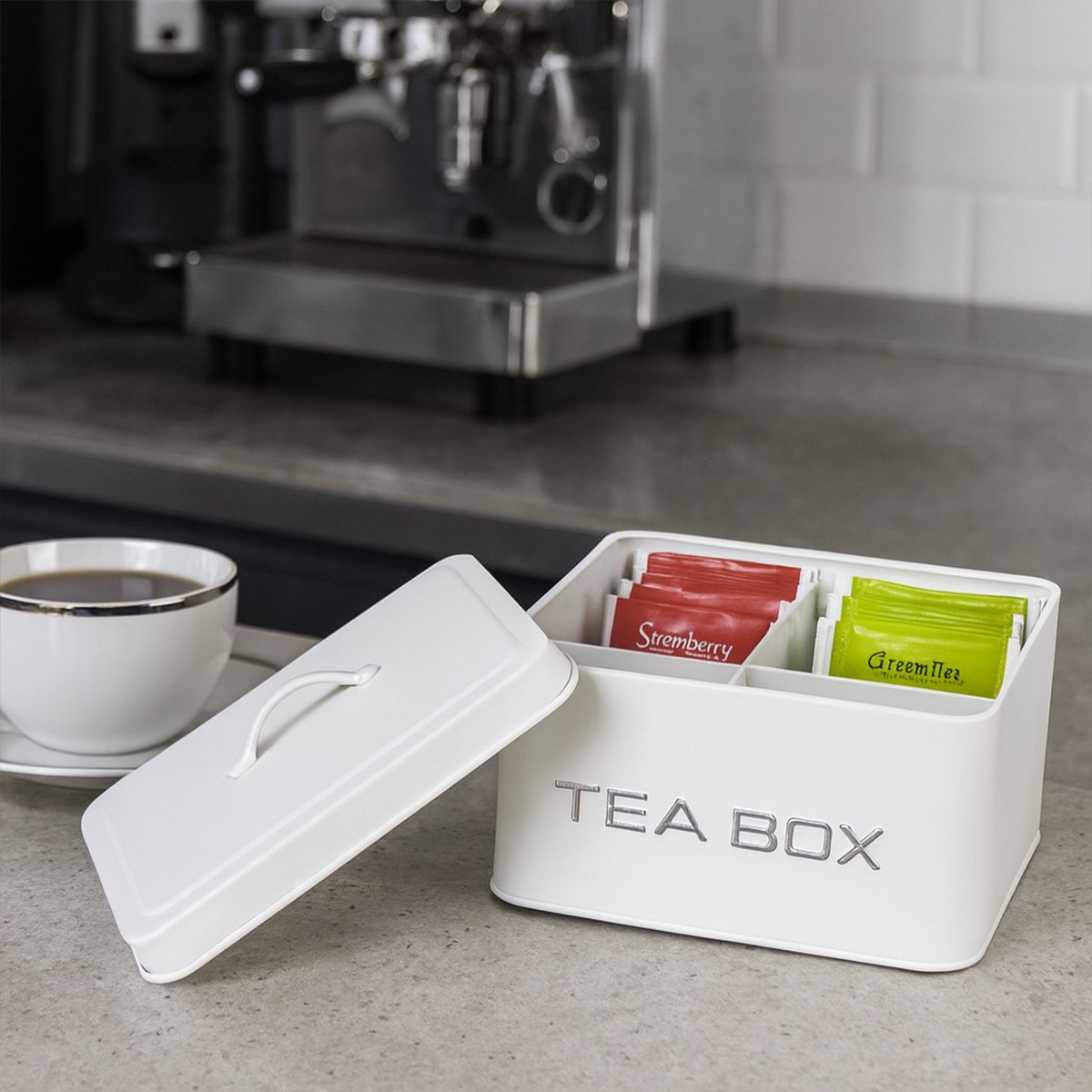 Tea box 6 white and silver compartments 18x15.5x8cm