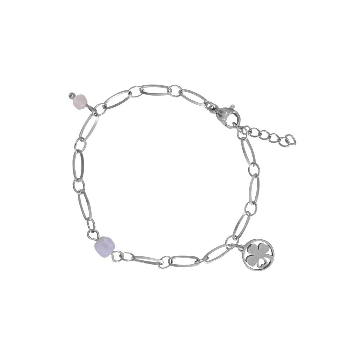 Chalcedony, Rose Quartz & Four Leaf Clover Bracelet - Silver