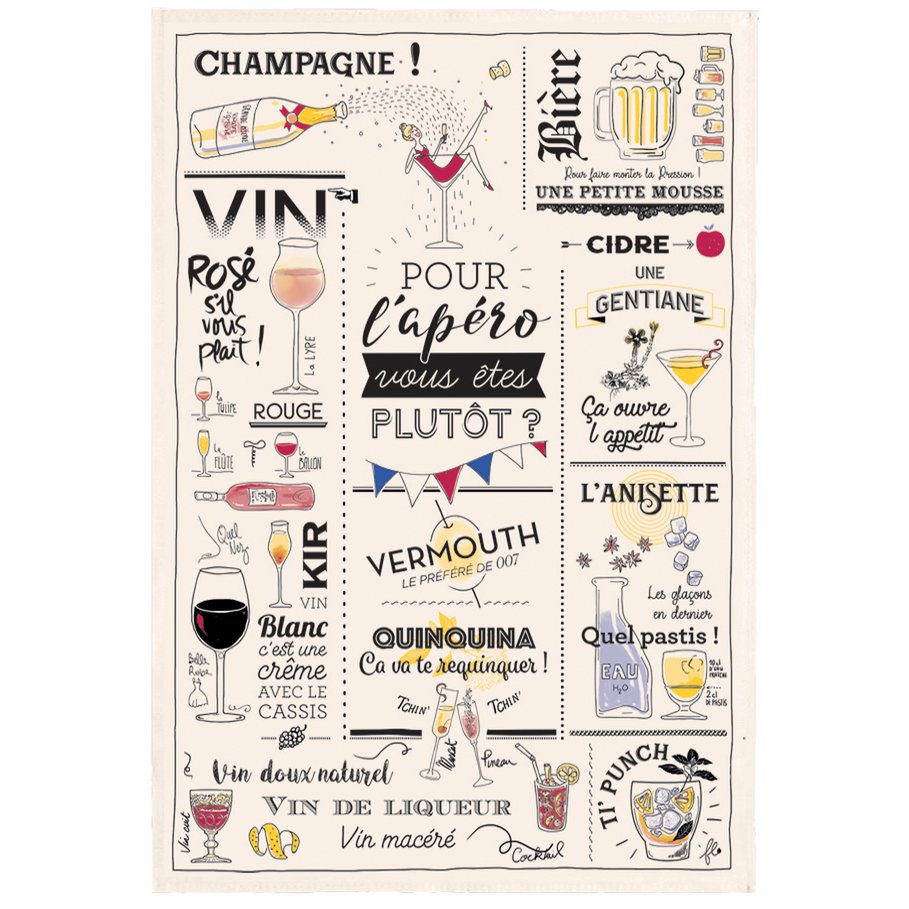 Tea towel Glasses and aperitifs Ecru 48 x 72