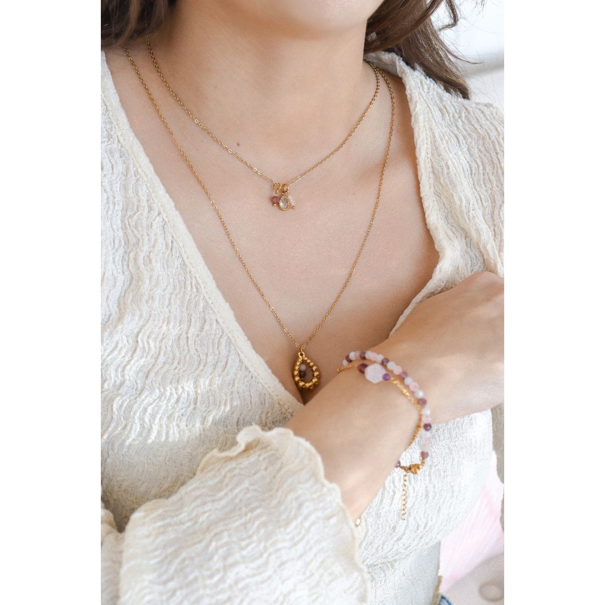 Rose Quartz & Lepidolite Necklace - Gold