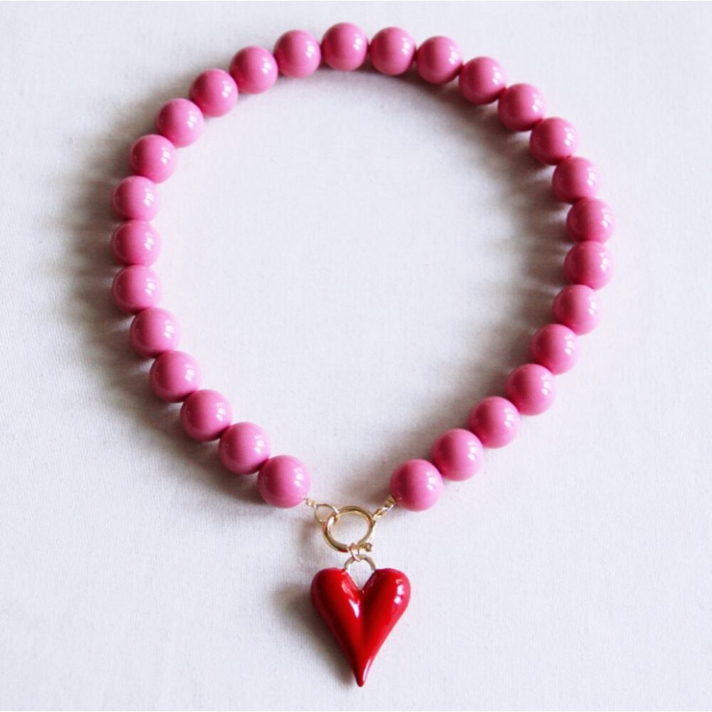 Beaded necklace XXL & red heart - pink