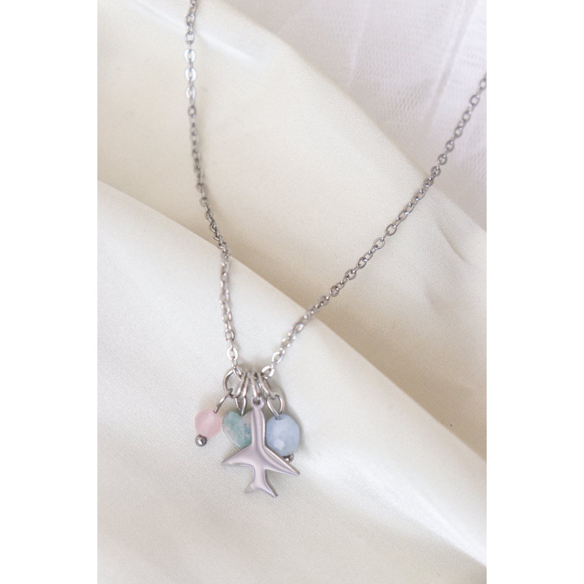 Airplane Necklace Rose Quartz, Amazonite and Aquamarine - Silver