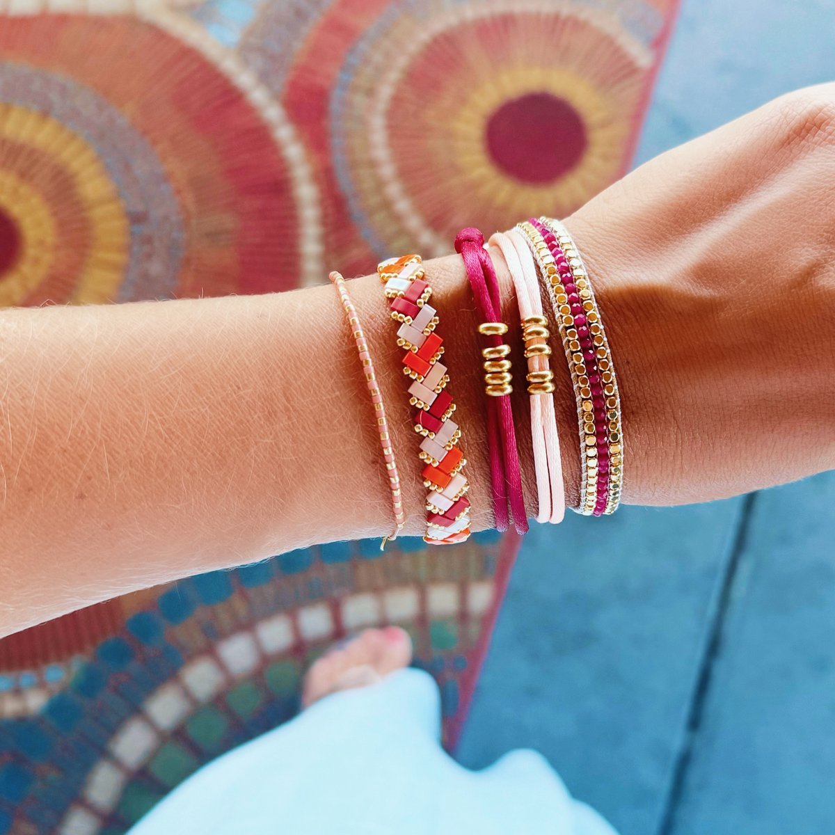 Braided Tila Bead Bracelet - Salmon/Orange/Bordeaux