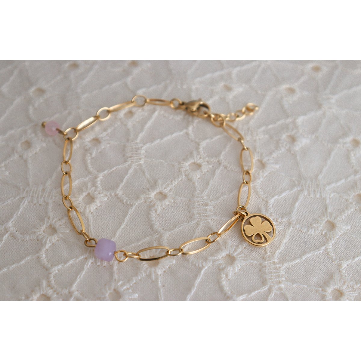 Chalcedony, Rose Quartz & Four Leaf Clover Bracelet - Gold