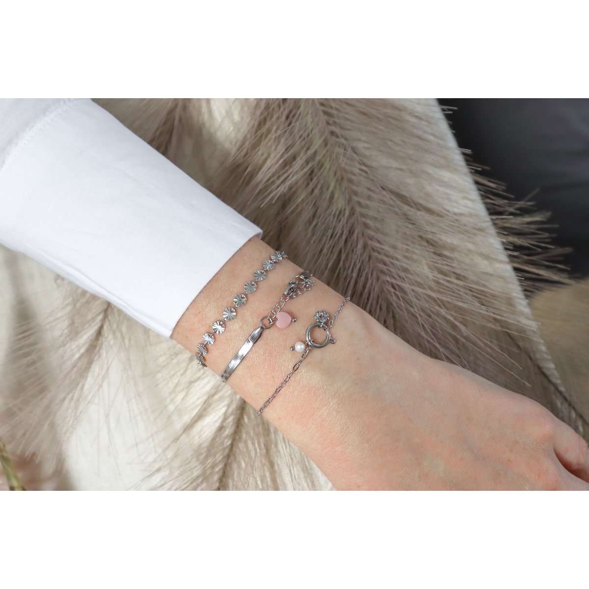 Snake Chain Bracelet & Pink Opal - Silver