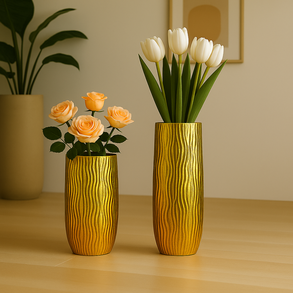 Golden vase striated in polyresin 33.5x33.5x70cm
