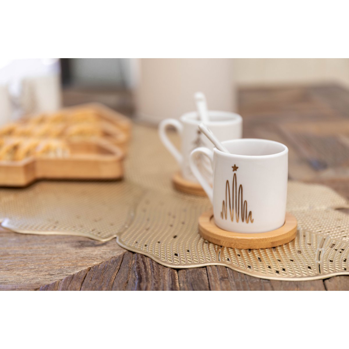 FIR COFFEE CUPS WITH WOODEN SPOONS AND SAUCERS - SET OF 2