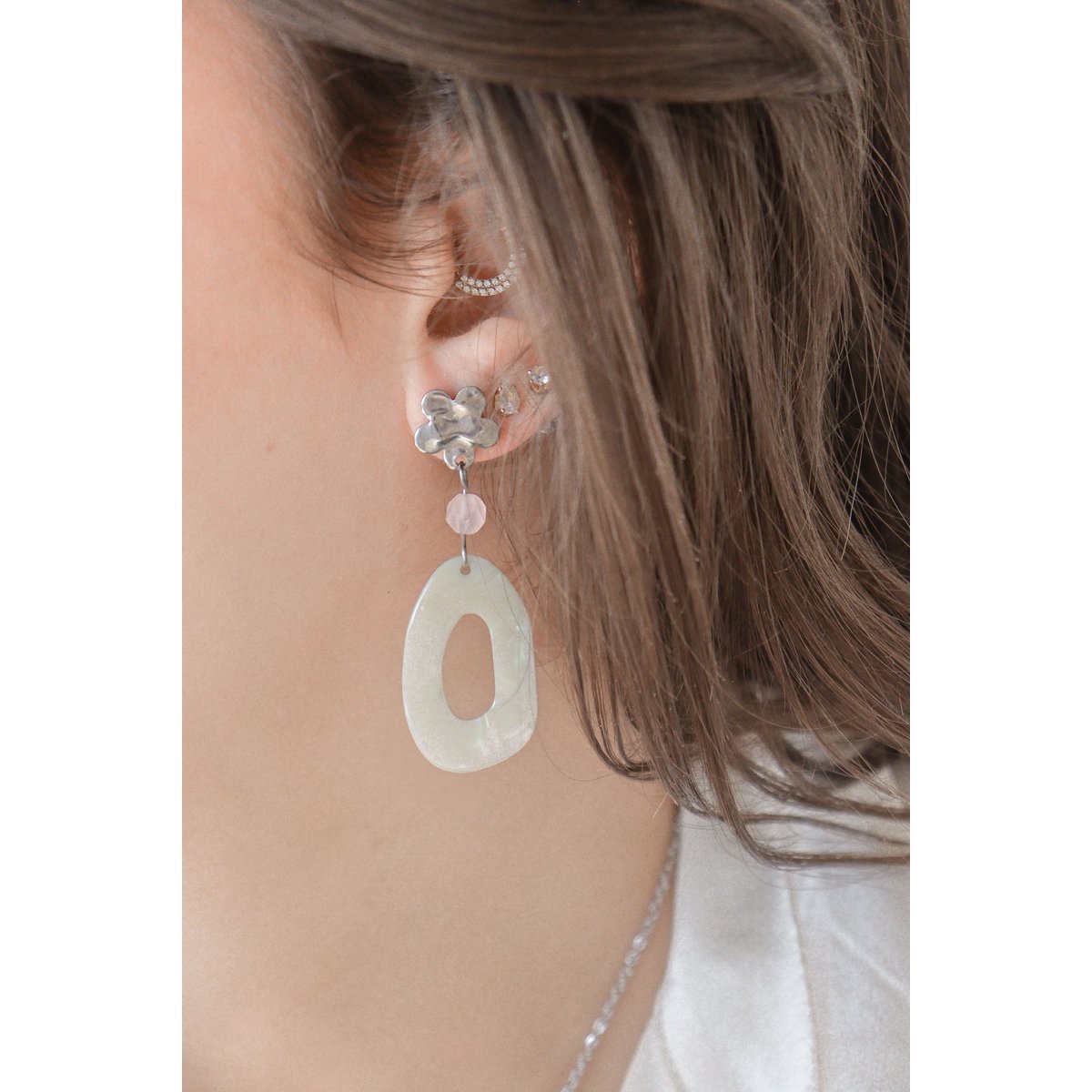 Flower & Rose Quartz Mother of Pearl Earrings - Silver