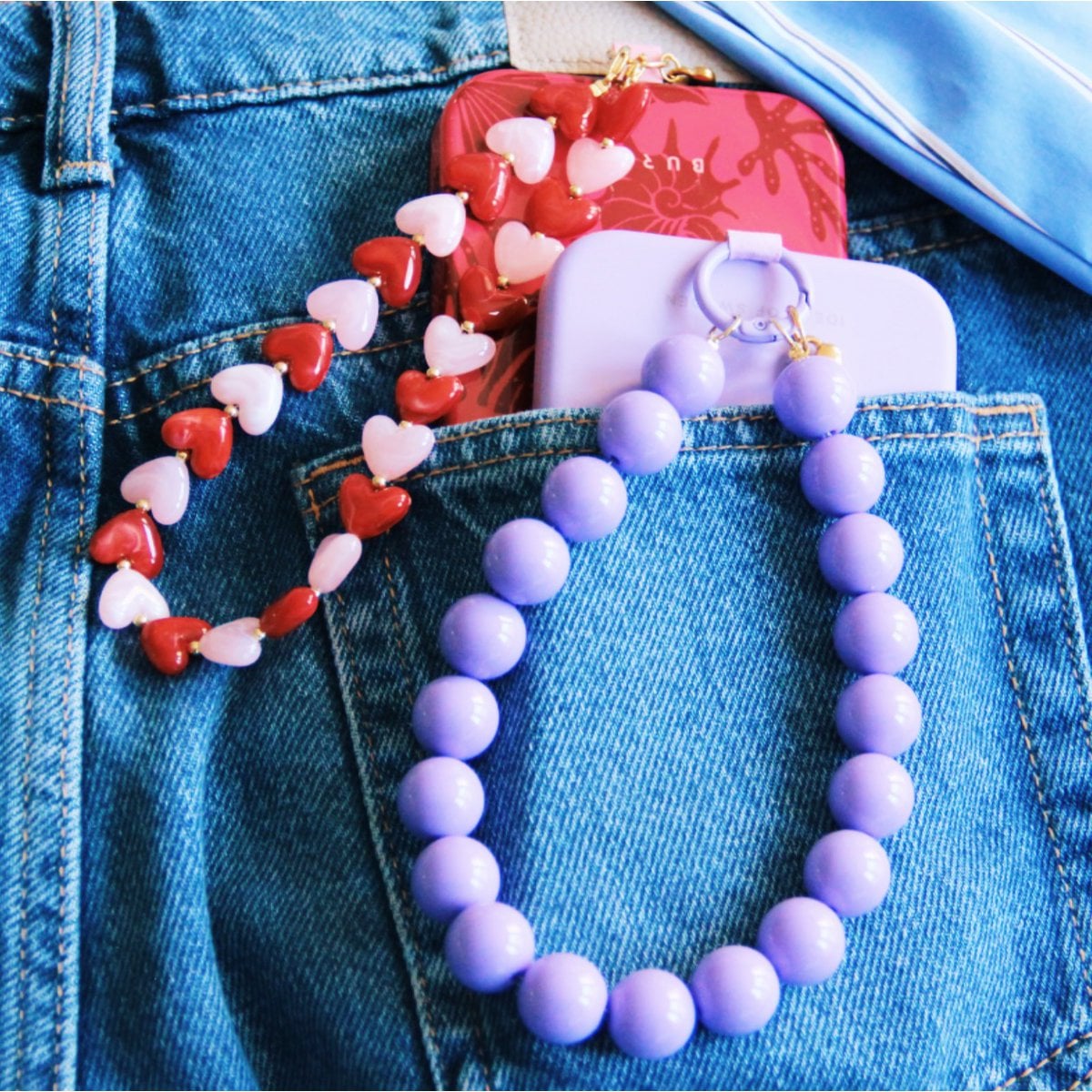 Phone cord hearts - pink/red