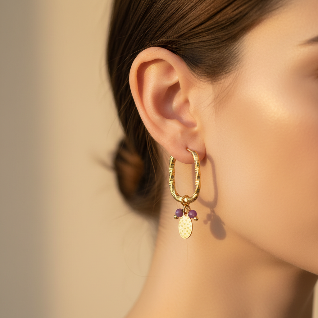 Hearts Engraving Oval Earrings - Gold