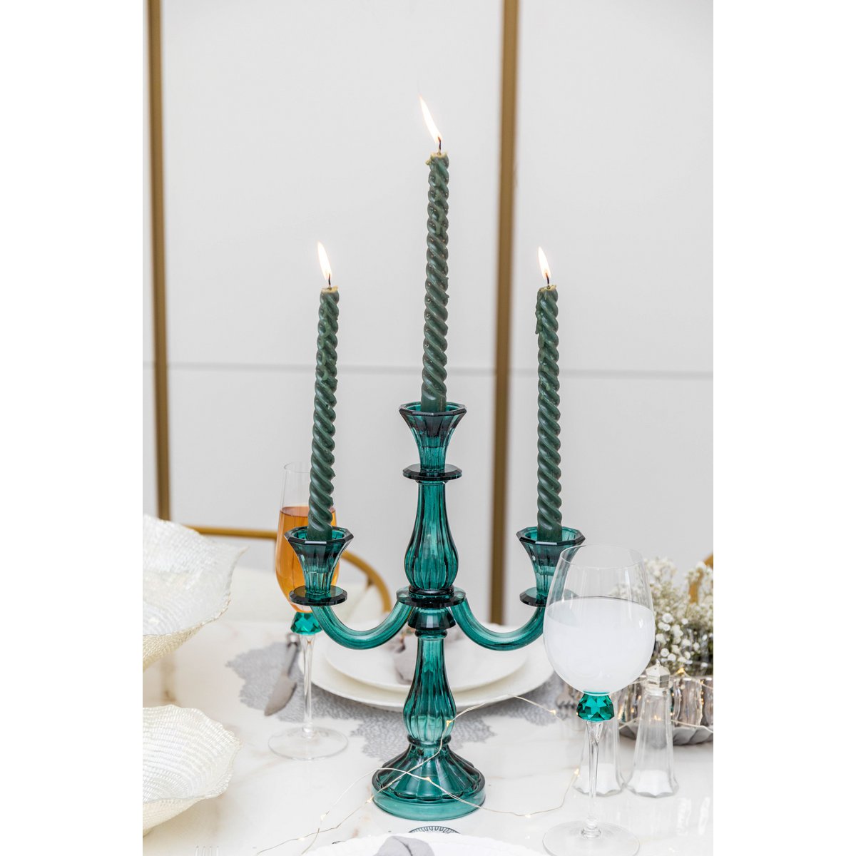 3 LIGHT TURQUOISE CANDLESTICK H35CM