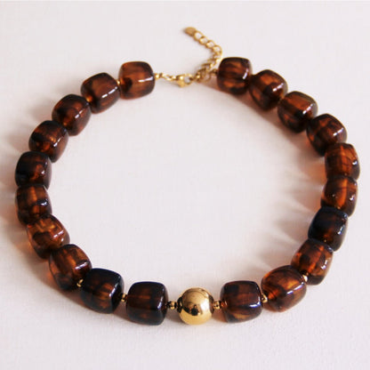 XL square bead necklace - mottled brown