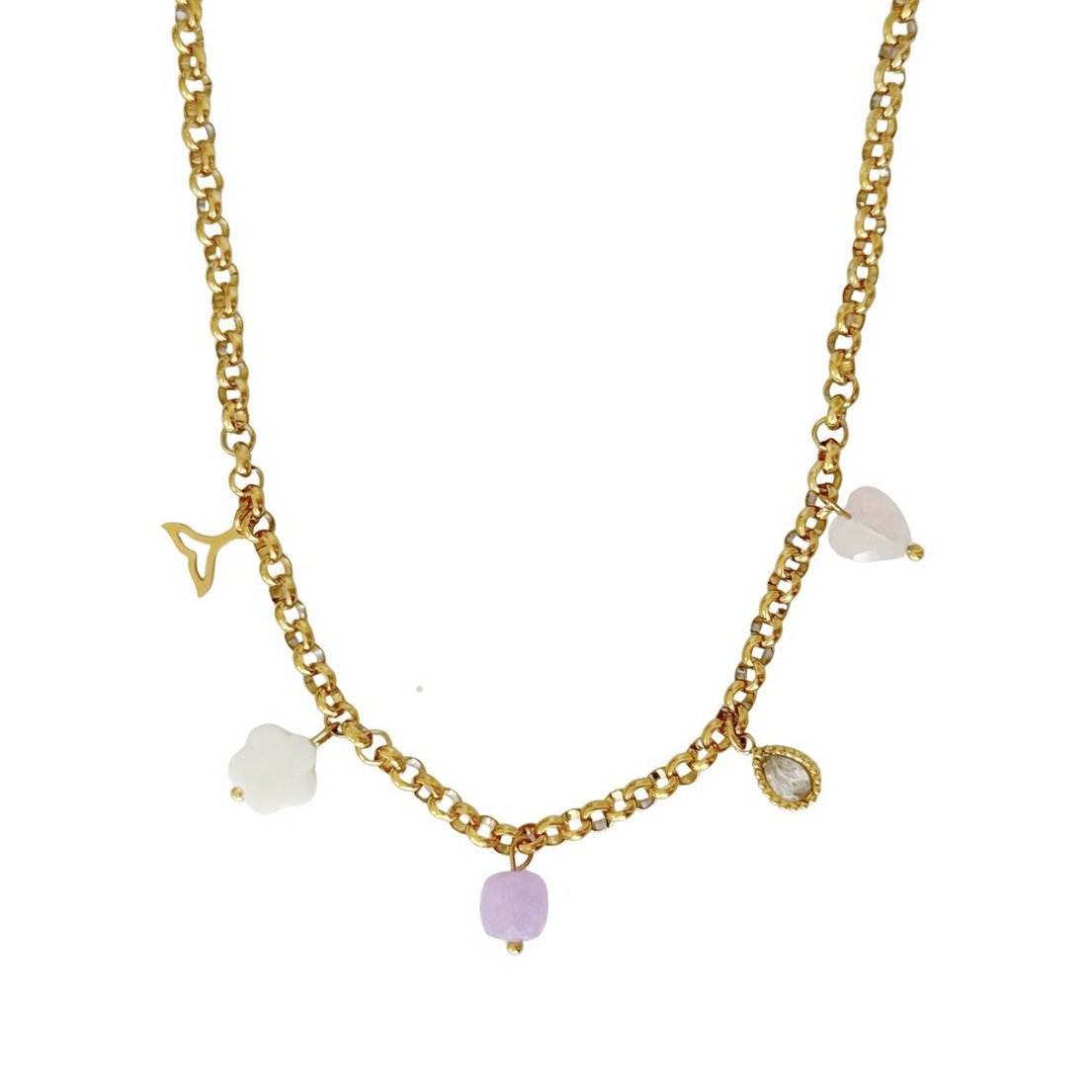 Charm Necklace Mermaid Tail, Shell & Gemstones - Gold
