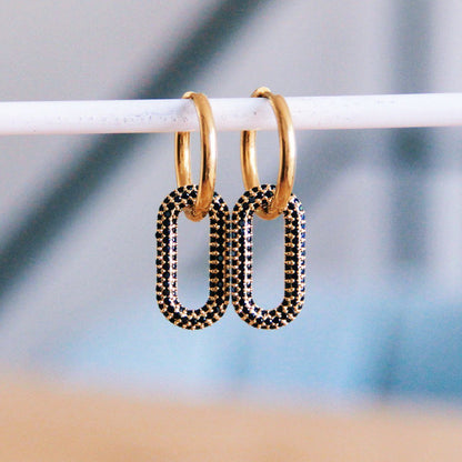 Earring with oval crystal pendant – black/gold