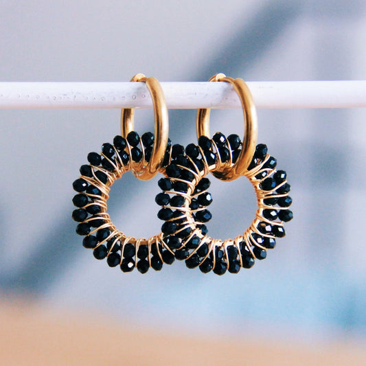 Stainless steel earring with round facet pendant - black/gold