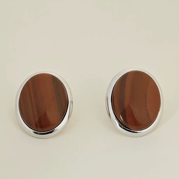 Bold Look Tiger Eye Stone and MOP Oval Ear Studs