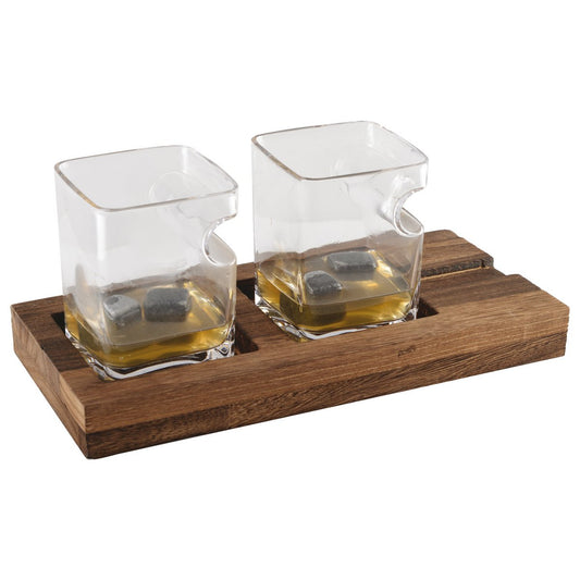 DUO WHISKEY TWO GLASSES WOODEN SUPPORT 4 CERAMIC STONE ICE CREAM