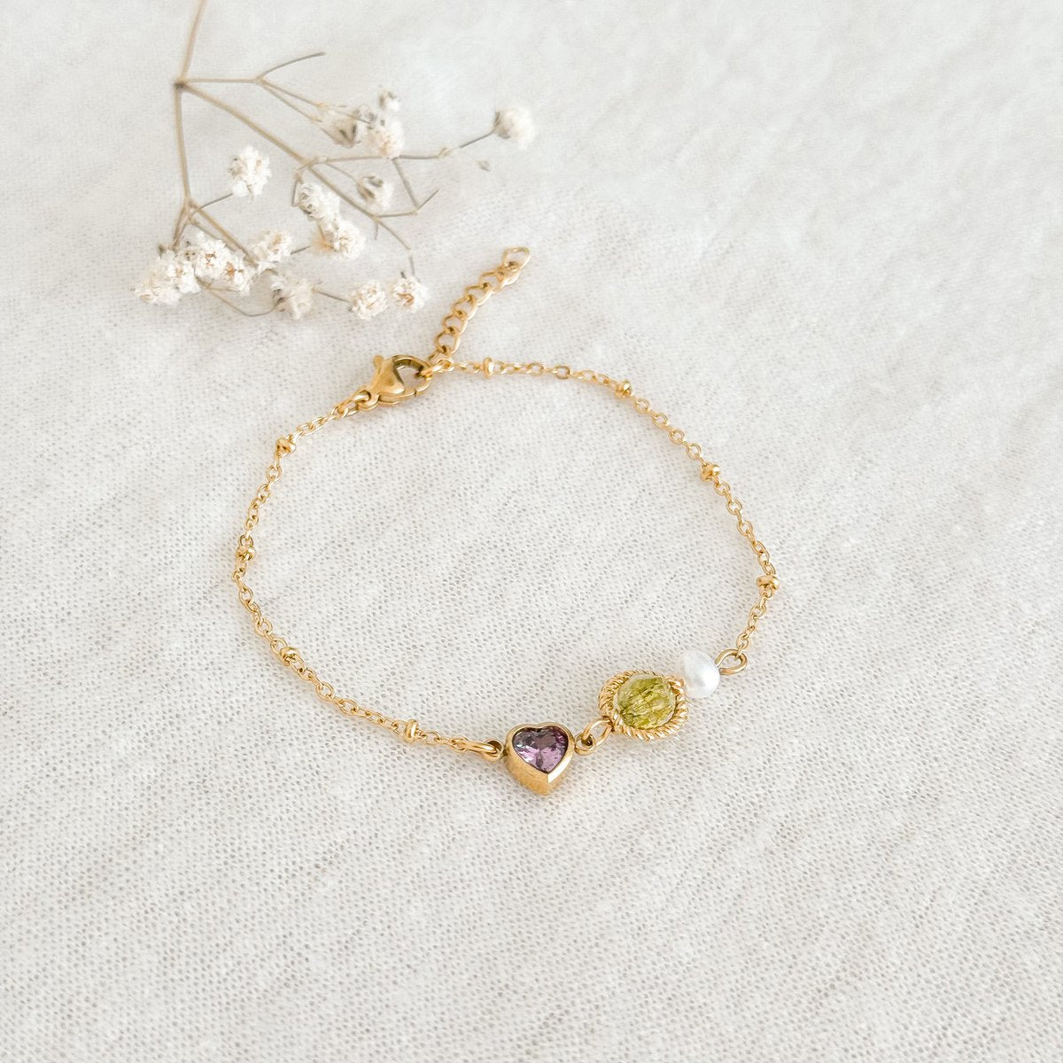Peridot, Pearl & Heart Bracelet - Gold