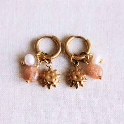 Stainless steel hoop earrings with sun, stone and pearls - sunstone