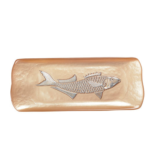 RECTANGULAR CARAMEL DISH WITH SILVER FISH 31.7X12.7CM