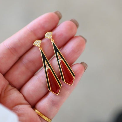 Geometric Drop Earrings with Red Agate