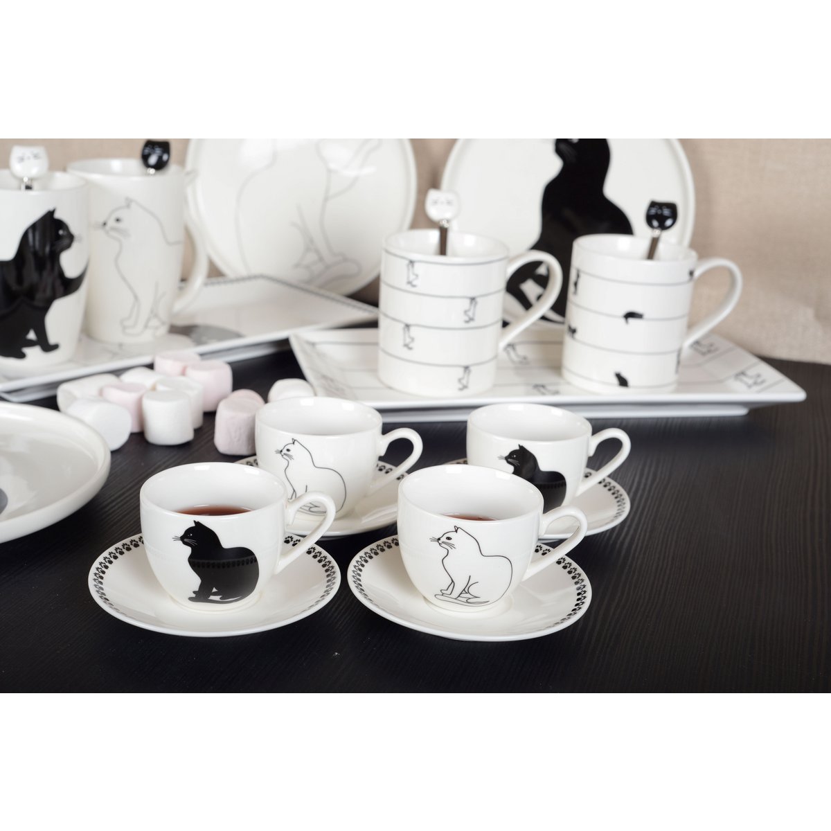 BLACK AND WHITE CAT COFFEE CUPS WITH SAUCERS - SET OF 4
