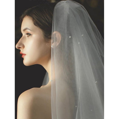 Elegant Two-tire Bride Veil with Small Pearls