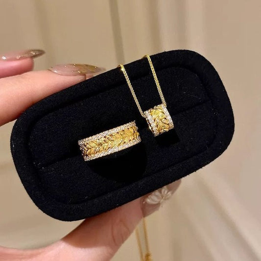 Golden Ears of Wheat Design Ring and Necklace