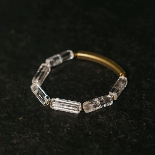 Clear Quartz Square Bar Bracelet with Bronze Charm