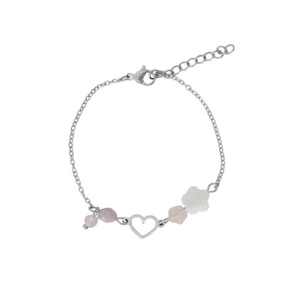 Rose Quartz Kunzite Bracelet Heart and Flowers - Silver